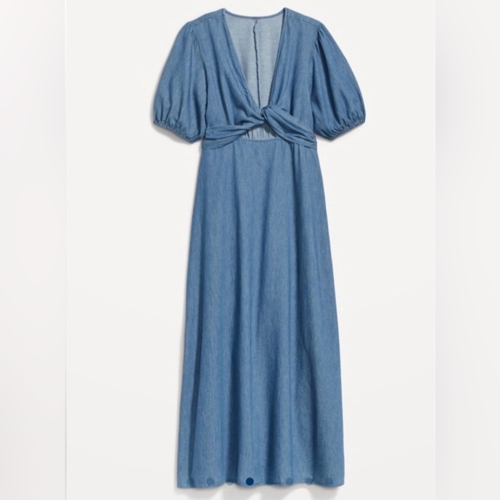 Old Navy Cottagecore Chambray Denim Midi Dress Twist Front Puff Sleeve Size L